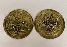 Vintage Brass English Pub Scene Wall Medallions Embossed Tavern Relief Pair picture