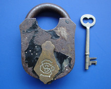 RARE ANTIQUE S & C SARGENT & CO LOCK PADLOCK WITH BRASS WEATHER COVER AND KEY  picture