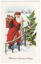 Santa Claus Climbing Steps Carrying Doll mailed 1919 antique Christmas postcard picture