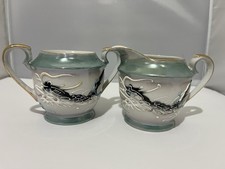 VTG HTF Green Teal Moriage Dragonware Cream & Sugar (no lid) Raised enamel Japan picture