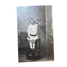 Antique Child Telephone Photo 1910s Girl Studio Novelty Portrait picture