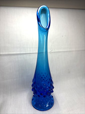 Vintage Signed Fenton Glass Cobalt Blue Hobnail Swung Bud Vase 10