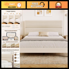Queen Size Platform Bed Frame with Velvet Headboard, Adjustable Height Wooden Sl picture