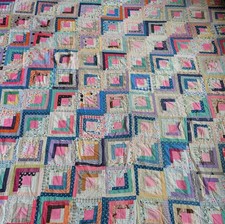 Vintage 30s 40s Log Cabin Quilt 75x78 Scrappy Calico Fabrics * picture