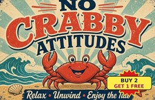 Crabby Attitudes Crab Seafood Shack Vintage Metal Tin Sign Beach House Decor picture