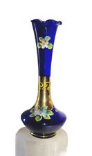 Vintage ENESCO Cobalt Blue Glass Vase Handpainted & Gold Floral Design Japan 8