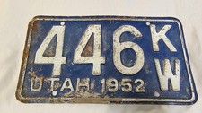 1952 Utah License Plate Tag 446 KW. Vintage. Single. Wall sign hanger decoration picture
