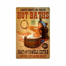 RISQUE GIRL BATHING IN TUB HOT BATHS 10 CENTS HEAVY DUTY USA MADE METAL ADV SIGN picture