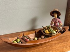 Vintage Thai Floating Market Boat & Fruit Seller Handcrafted Wooden Figure picture