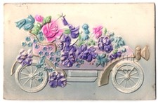 Embossed airbrush postcard colorful flowers decorate the car 1912  picture