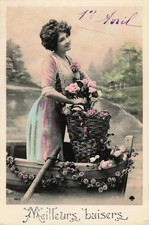 Vintage French Postcard Woman in Boat with Roses 