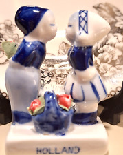 Vintage Holland Delft Blue & White Kissing Dutch Boy and Girl Figurine, Flowers picture