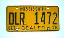 1976 Mississippi Dealer License Plate DLR-1472 Embossed Vintage picture