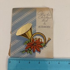 Vintage mid-century 1946 Christmas Card - Musical Instrument and Poinsettia  picture
