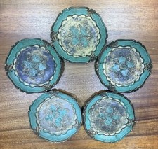 Vtg Italian Florentine Coasters Teal Gold Gilt Set of 5 Stamped Porte Blanche picture