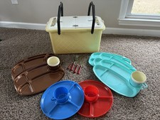 Vintage MCM Picnic Set 50’s Loma Industries Yellow Basket Retro Bakelite Dishes picture