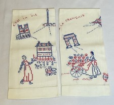 2 Vtg C’est La Vie Cross Stitch Hand Embroider Napkins Towels French Cottagecore picture