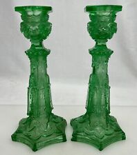 Antique Green Vaseline Flint Glass Cathedral Candlesticks - 92262 picture