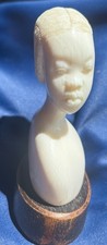 Vintage Signed African Woman Bust Carved Sculpture on Wooden Base picture