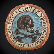 Memento Mori | 1756s Death Plaque  | Wood Painted Vanitas | 18th C Skull | 10”_ picture