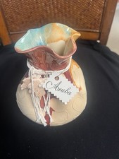 Hand Painted Southwestern Pottery Vase Ruffled Rim Clay Art Signed Anuba picture