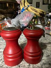 Vintage Red Lacquered Wood Salt Shaker & Manual Pepper Mill Grinder Set picture