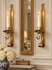 VTG Gold Iron Flower Scroll Wall Sconces Taper Candle Holder Hollywood Regency picture