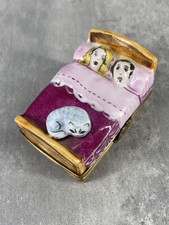L.T. Limoges France Hand Painted Enamel Trinket Box Couple In Bed w/ Cat EX+ picture