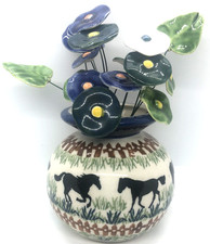 Polish Pottery Round Vase Horsing Around Horses 15 Ceramic Flowers 2 Leaves picture
