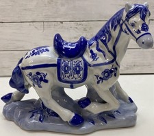 Chinoiserie Prancing Horse Blue & White Statuette Large Figurine 8” X 10” picture