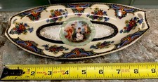 Vtg Oval 9x4 1/2”Floral Porcelain Handpainted Dish Rare Medallion Figure Scene picture