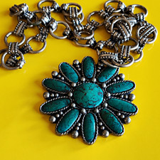 Vintage Native  Faux Turquoise Silver Squash Blossom Necklace Sancrest Maker picture