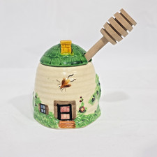 Vintage Occupied Japan Circle T Ceramic Beehive Honey Pot Jar Green Lid Dipper picture