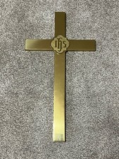 Vintage Brass Church Altar Cross IHS Hanging 24” Tall picture