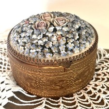 Antique Elfinware Trinket Dresser Jar Porcelain Blue Floral Ormolu Germany GVC picture
