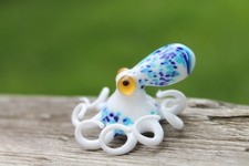 White & Blue Glass Octopus Figurine – Small Blown Lampwork Kraken – Miniature picture