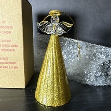 Avon 5.25” Blown glass Christmas ornament angel praying Gold glitter 2016 picture