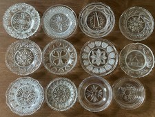 Lot 12 Antique EAPG Clear Pressed Glass Cup Plates Honey Dish Hearts Log Cabin picture
