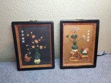 (LOT of 2) Vintage Oriental Art Jade Orchid in Pot Shadow Box Wall Plaque picture