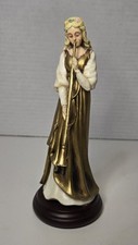1989 Enesco Resin Women Flowing Hair Gold, White Dress Playing Long Golden Horn  picture
