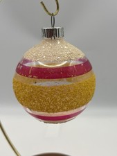 VTG Shiny Brite Unsilvered Mica Striped Christmas Ornament Yellow/White/Pink picture