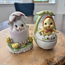 Pair of Lefton/Napco Porcelain Chicks in Egg Vtg Hand Painted Easter Keepsake picture