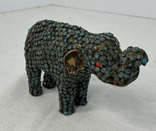 Vintage Brass and Turquoise Beaded Elephant Figurine. 3” tall  and 5” long picture