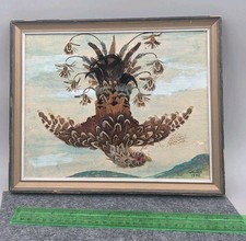 Vintage 1976 Signed Feather Art Bird Collage Folk Art Framed Handmade picture