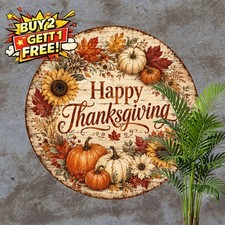 Thanksgiving Wreath Farmhouse Round Metal Tin Sign Autumn Wall Decor 8x8 picture