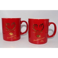 Vintage 1980s McDonald's Season's Greetings Christmas Mug Pair Red Gold Reindeer picture