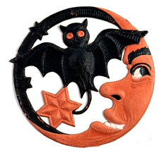 Antique vtg Halloween German Embossed Die Cut Black Bat Paper Moon picture
