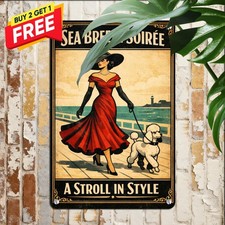 Happy Girl with Poodle Dog Tin Sign Rustic Pet Lover Wall Art Plaque picture