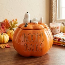 Rae Dunn x Peanuts Halloween Snoopy’s Snacks Pumpkin Treat Jar Ceramic picture