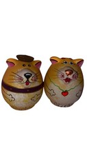 Kitchy Fat Cat Kitty Salt & Pepper Shakers Handpainted Egg Ceramic Whimsacal picture